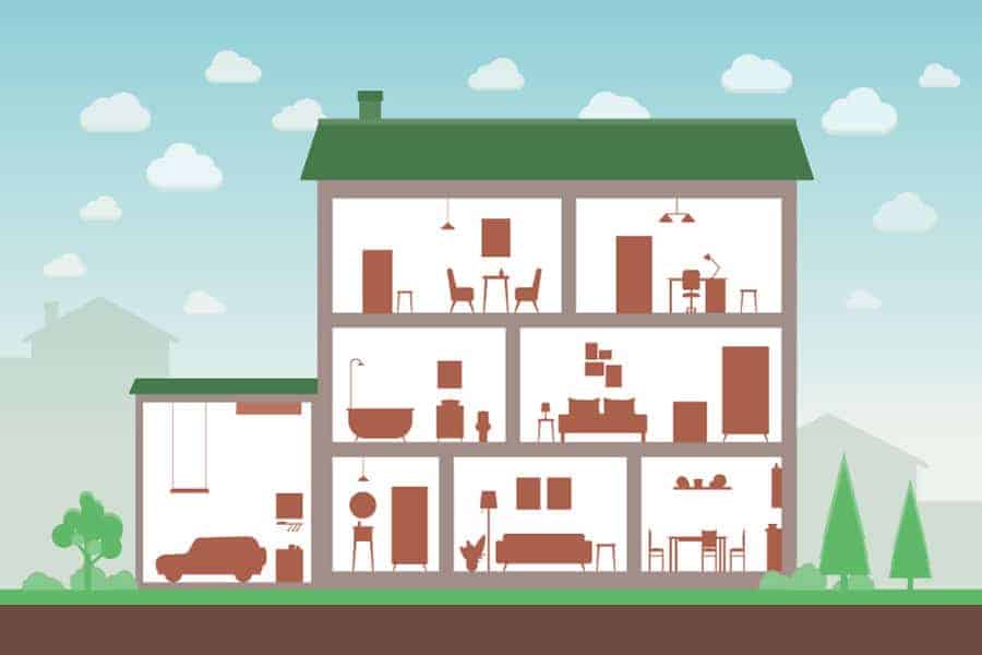 A cartoon cross section of a home and it's rooms