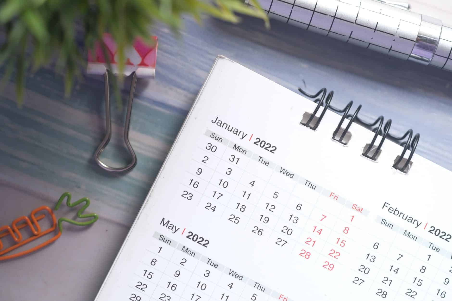 Close up shot of Calendar for 2022