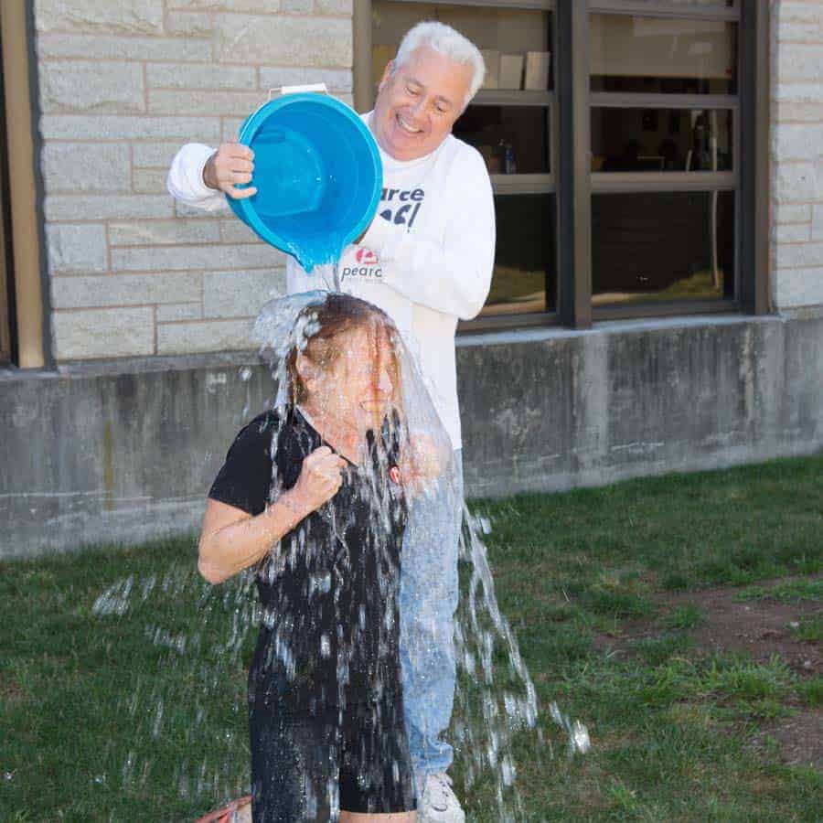 Barbara Pearce takes on the Ice Bucket Challenge for charity at Albertus Magnus College in New Haven