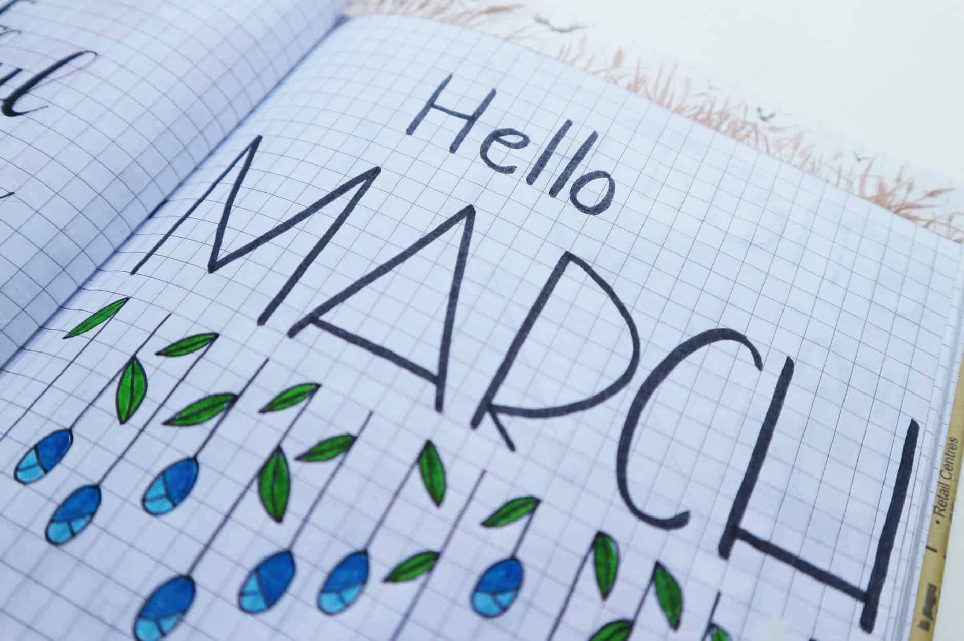 Hello March written on graphing paper